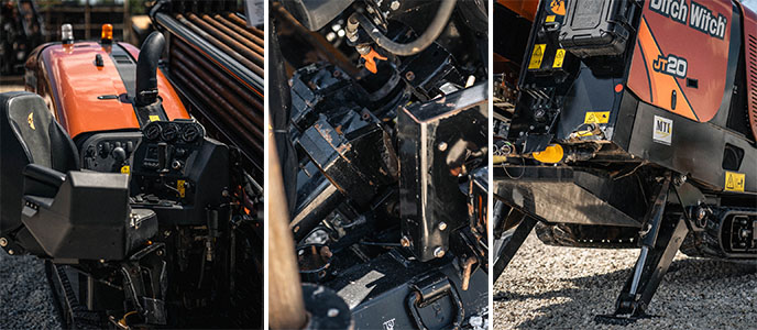 Key features of Ditch Witch JT20 drill: open vices, dual stabilizers, pipe box
