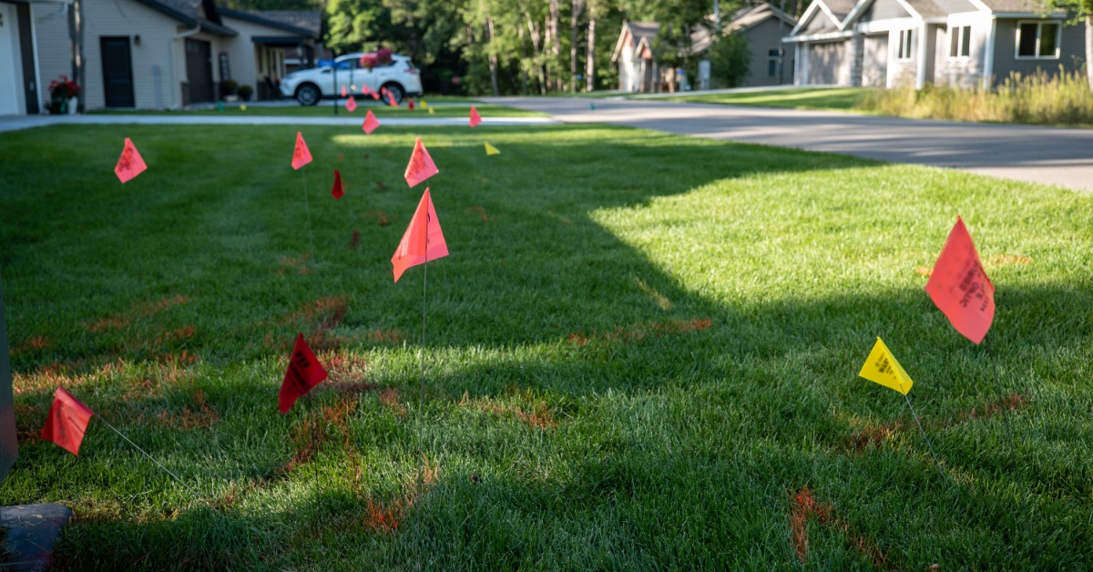 Small red and yellow flags are placed in various areas across a grassy residential lawn near houses and a street.